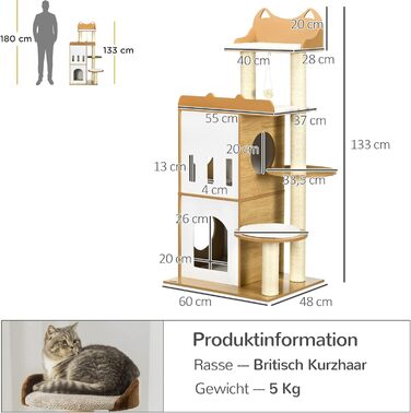 Дерев'яний кігтеточки PawHut 133 см з 2 будиночками для котів, кріплення для лазіння, сучасний дизайн, з корисними аксесуарами, для дому