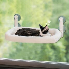 Віконна лежанка-гамак для котів MEWOOFUN, 54x30 см, двосторонній матрац, міцні присоски до 18 кг, бежевий, M (з ліжком)