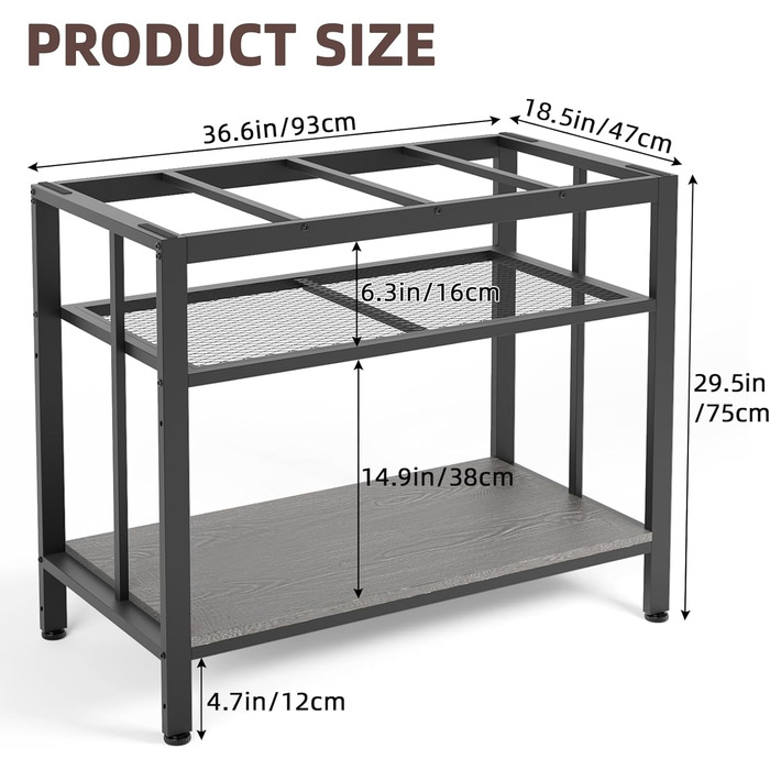 Металевий стелаж для акваріума VOWNER 93x47x74,9 см, 3-рівневий регульований, до 299 кг, сірий, для дому та офісу, під тераріум та рептилій