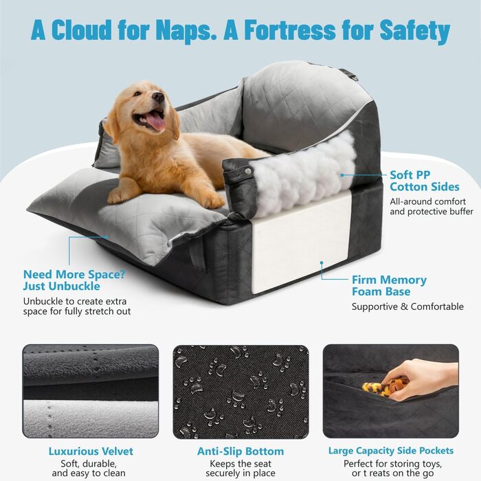 Автокрісло для собак EASTBLUE Medium: чорний/сірий, Memory Foam, з ременем безпеки, для собак до 15.9 кг