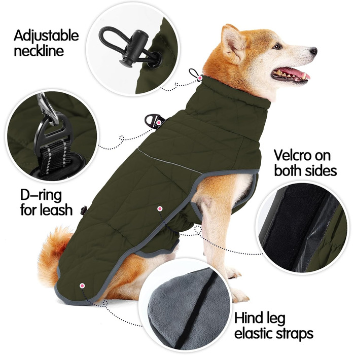 Зимовий водонепроникний теплий одяг для собак Heywean: куртка з кільцем D, флісова підкладка, одяг для собак, куртка для собак, жилет для собак, одяг для маленьких, середніх та великих собак, зелений