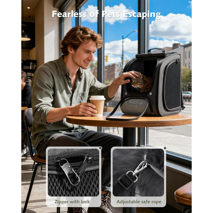 Pecute Рюкзак-переноска для кота з віконцем-сіткою, дихаючий та легкий рюкзак для тварин, великий (32 x 26 x 42 см, сірий, розширюваний)