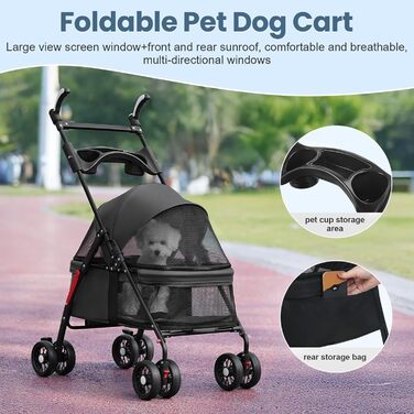 Транспортувальна візок для собак, легкий та складаний, з регульованим козирком, анти-вислизання, гальма та багажник (до 10 кг), чорний