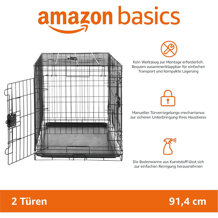 Складана металева клітка для собак Amazon Basics з піддоном, подвійними дверима, чорна, 91x58x64 см
