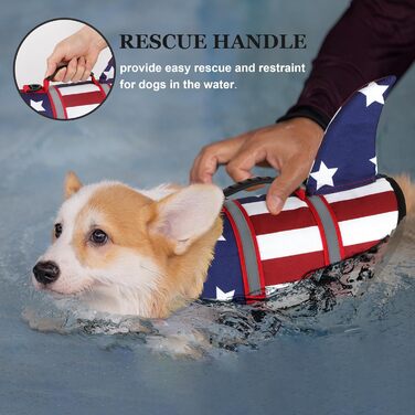 Жилет для плавання для собак Dogcheer з плавниками акули, американським прапором, світловідбиваючими смугами та ручкою для порятунку, регульований, з високою плавучістю, для цуценят, собак середніх та великих порід, червоний та темно-синій