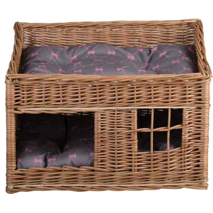 Двоярусна котяча хатинка з ротангу сірого кольору з подушкою та вікном | e-wicker24