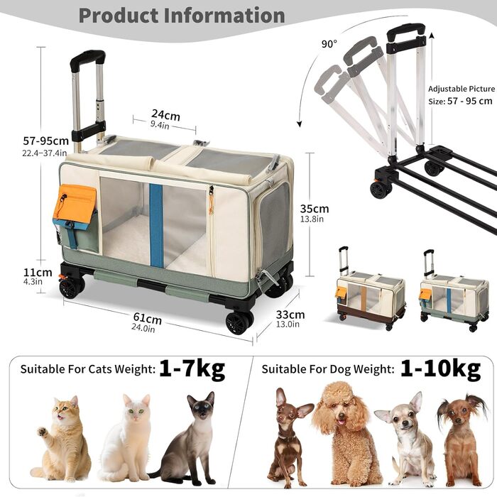 PETCUTE Транспортна сумка для тварин на 2 котиків/собачок з двома відділеннями та знімними колесами, дихаюча, для подорожей, прогулянок, кемпінгу (Бежевий+Зелений)
