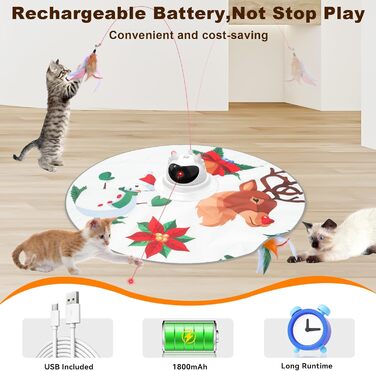 Інтерактивна іграшка для котів 3-в-1 Spessn: хованки, пір'я, лазерний вказівник. Перезаряджувана, для котів будь-якого віку. Біло-червоний дизайн (новорічний стиль)
