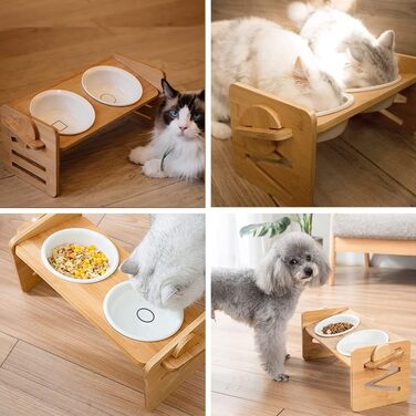 Підставка для корму для собак та котів, регульована висота, керамічна миска з бамбуковим підставкою, нахилена платформа для котів та маленьких собак (40*16)