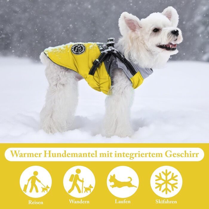 Водонепроникний зимовий одяг для собак Savlot: тепла куртка та вітрозахисний костюм для маленьких та середніх собак з шлейкою. Відображаючий дизайн (L, жовтий + сірий)