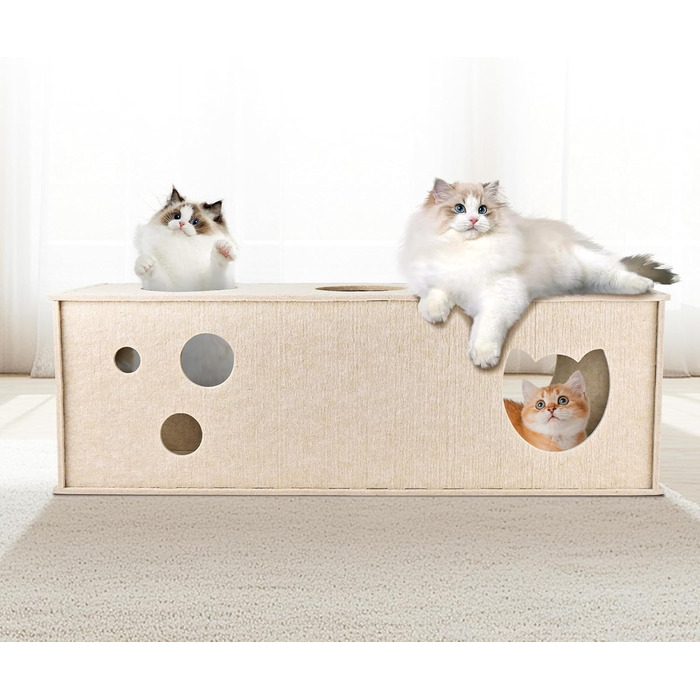 Туннель для котів Homegroove, великий філц L-подібної форми, інтерактивний, DIY, з отворами для спостереження (Бежевий, Прямий)