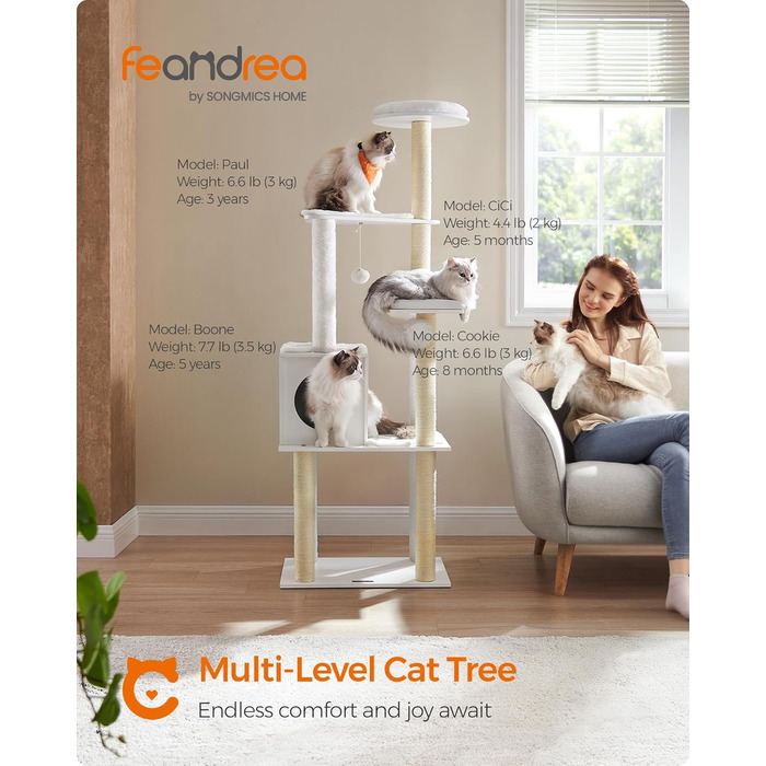Кігтеточка Feandrea WoodyWonders для котів, багатоярусна, сіра, з подушками, 22.8 x 15.7 x 65 см