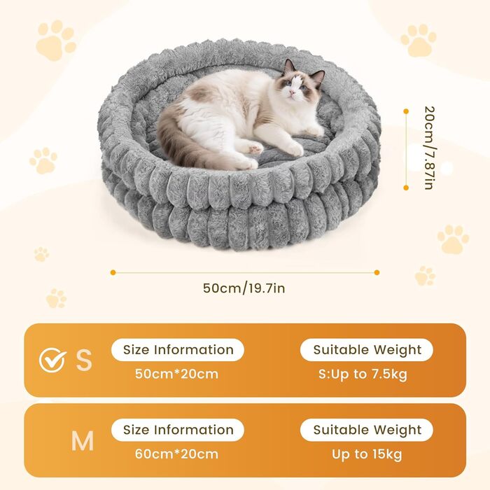 М'яке ліжко для котів та маленьких собак, 50 x 20 см, круглої форми, сірого кольору (S)