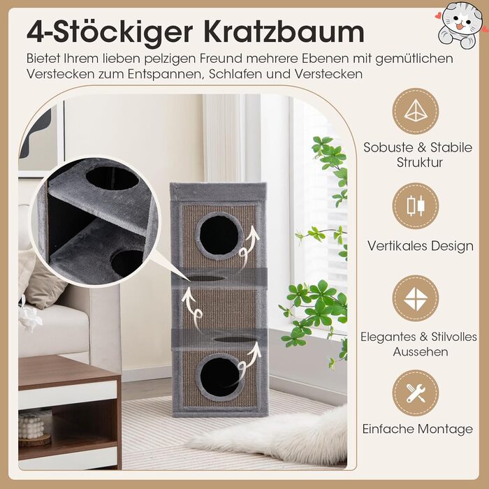 Кігтеточка-будинок Costway 4-ярусна для котів, з будиночками та ігровим майданчиком, сірого кольору, до 25 кг