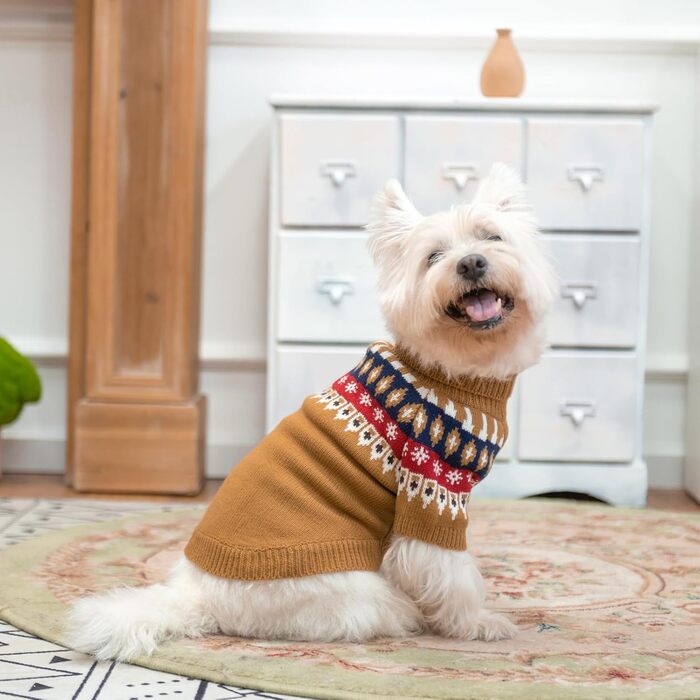 Пуловер для собак EXPAWLORER Fair Isle з візерунком Fair Isle - стильний одяг для собак, в'язана жилетка, пуловер для цуценят, теплий пуловер з коміром-стійкою для маленьких, середніх та великих собак, розмір M (бежевий, Small)