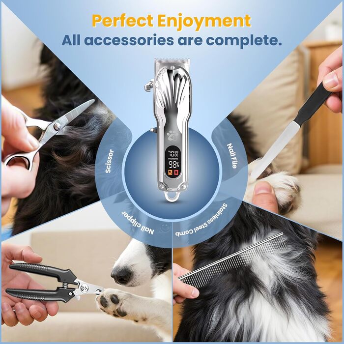 Професійна машинка для стрижки собак з товстим хутром, бездротова з LED-дисплеєм, тиха, акумуляторна, триммер для собак з набором для догляду за кігтями (срібна)