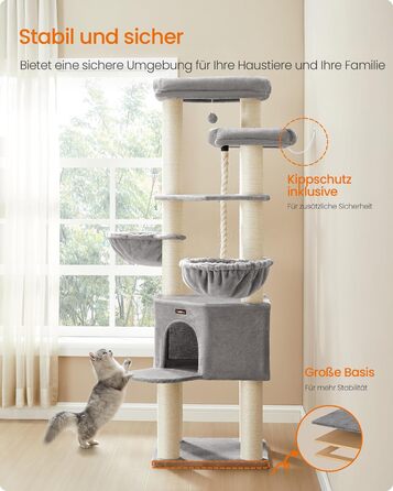 Декілька поверхів, великий котячий будиночок Feandrea, XXL, 55 x 55 x 186,7 см, товсті сизалеві стовпи (11 см), для великих котів (наприклад, мейн-кун), сірий та чорний котячий будиночок, PCT008G02