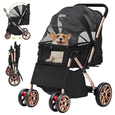 Візок для собак DWVO 3-в-1: візок, переноска, сумка. До 22 кг, EVA-колеса, сітчасті вікна, чорний (58,5x76x105 см)