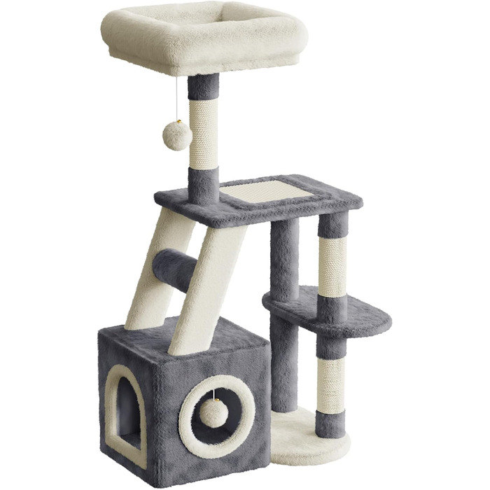 Кігтеточка для котів Dogat 107 см: багатоярусна, з будиночком, лежаком та ігровими елементами (сірий/бежевий)