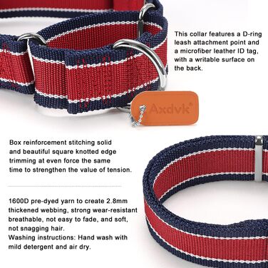 Нашийник для собак Martingale, 4 см, міцний нейлон 1600D, анти-вислизання, 3 кольори, для середніх та великих собак, розмір M, сіро-блакитний & чорний, обхват 36-53 см