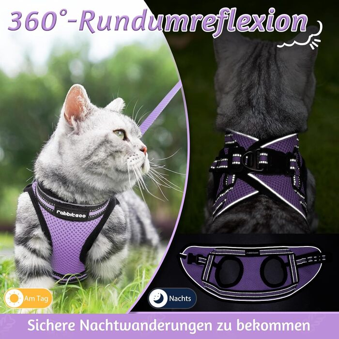 Нашийник та поводок для котів Rabbitgoo: безпечний, регульований, з відбиваючими смугами, для кошенят та дорослих котів, розмір M, світло-фіолетовий