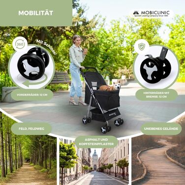 Візок для собак Mobiclinic® Pets, чорний, до 15 кг, з великим кошиком, 3 вікна, гальма, тримач для напоїв