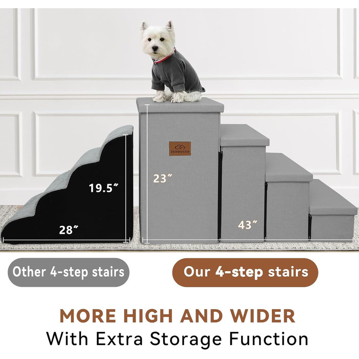 Сходинки для собак з місцем для зберігання, 58,4 см, 4 сходинки, широкі, для високих ліжок, вікон, складані, стабільні, для собак та котів, 109,2 x 43,2 x 58,2 см, сірі