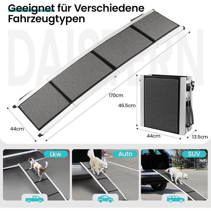 Рампа для собак DAISTERN від BSWAY, 170 x 44 см, складана, з м'яким килимом, алюмінієвий каркас з порошковим покриттям, для собак середніх та великих порід
