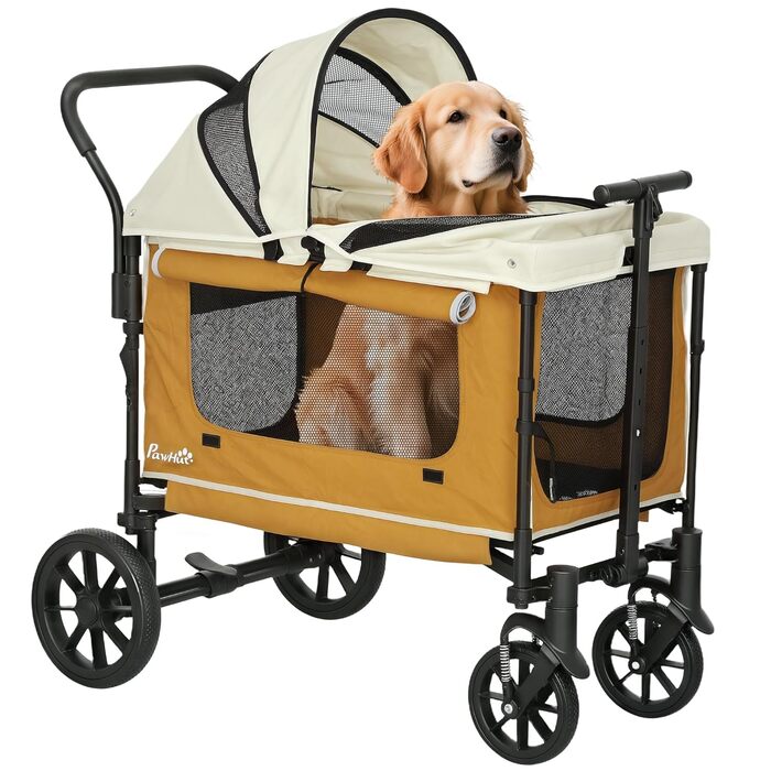 PawHut 2 в 1 візок для собак та котів, складна конструкція, до 30 кг, з подушкою, сітковими віконцями, 2 дверцятами, кишенькою для зберігання, колір коричневий