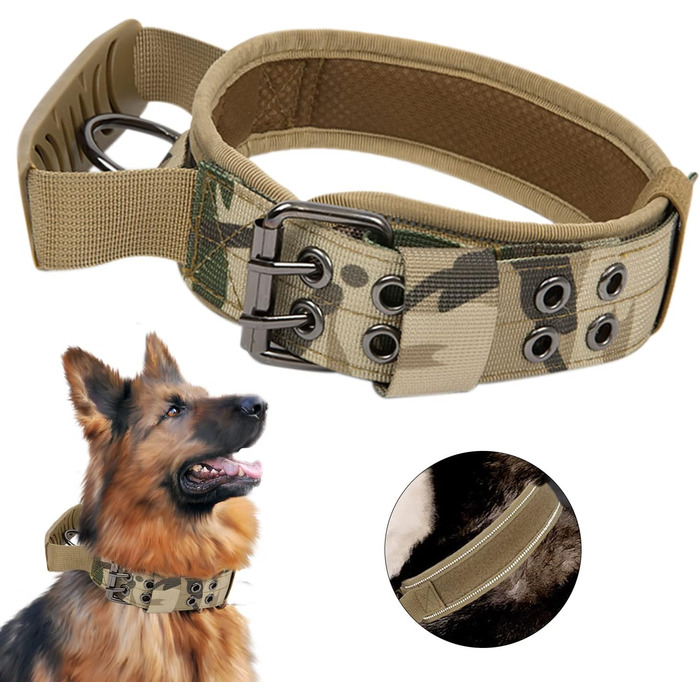 Тактичне нашийник для собак з ручкою та поводок, військовий нашийник з м'якою підкладкою з нейлону, регульований нашийник для середніх та великих собак (M, камуфляж)