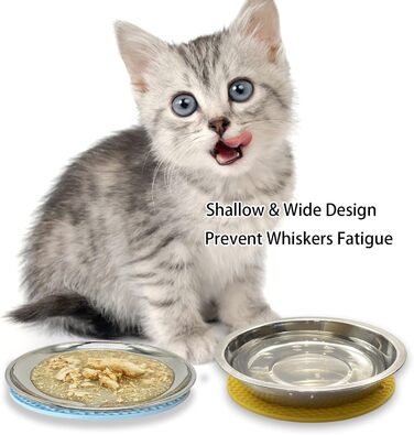 Миски для котів зі нержавіючої сталі - для полегшення вусів, втоми, годівниці для котів з нековзними килимками (2 шт, великі) 2 шт (миска + тарілка, 6 дюймів)