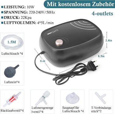 FEDOUR 10W потужний акваріумний компресор, 4 виходи, 1200 л/год, тиха повітряна помпа з повним комплектом для акваріума, гідропоніки та ставка