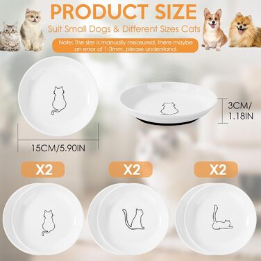 Набір мисок для котів FoiiLiio 6 шт. з кераміки (15x3.0 см) з неслизьким силіконовим дном. Миски для котячого корму, годівниці для котів та собак. Білий колір.