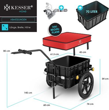 Причіп для велосипеда KESSER®: вантажний, ручний, 70 літрів, для 2 ящиків пива, 26-28 дюймів (червоний)