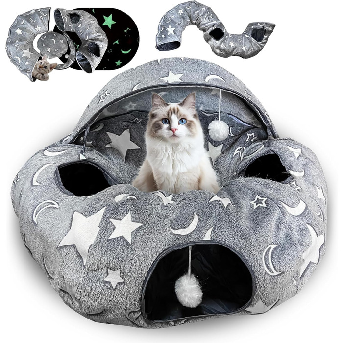 Кішка ліжко з підсвіткою, великий плюшевий тунель для котів з м'ячиком, велика шуршача печера для котів, іграшка для котів, кроликів або цуценят, сірий колір + світиться в темряві