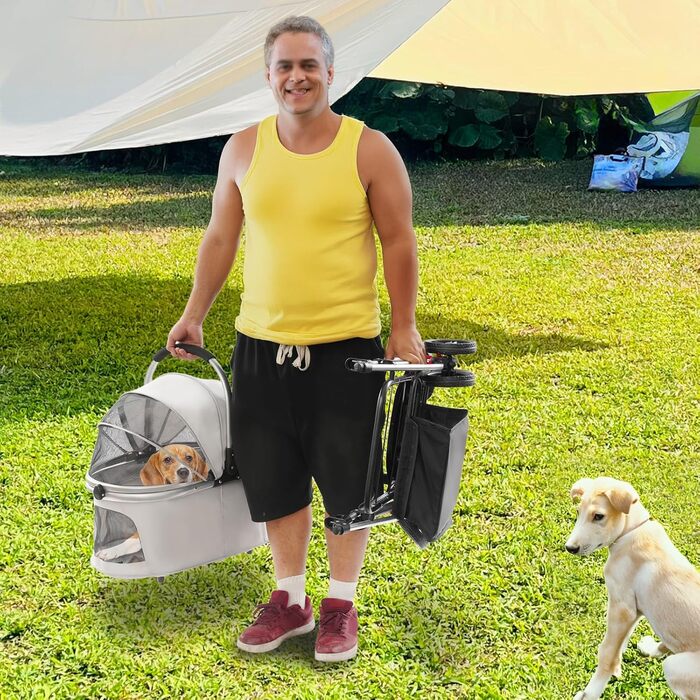 Візок для собак та котів, складний, до 12 кг, з кошиком та страхувальним тросом, сірий