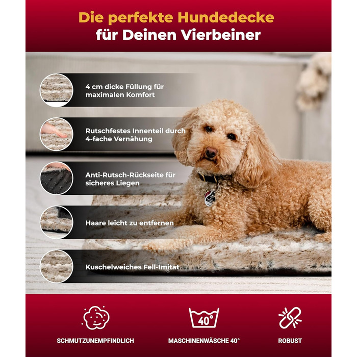 Ексклюзивне лежанка-ковдра для собак HS-Hundebett, м'яка, з наповнювачем, антиковзна, прана, 65x95 см, беж, вироблено в Німеччині