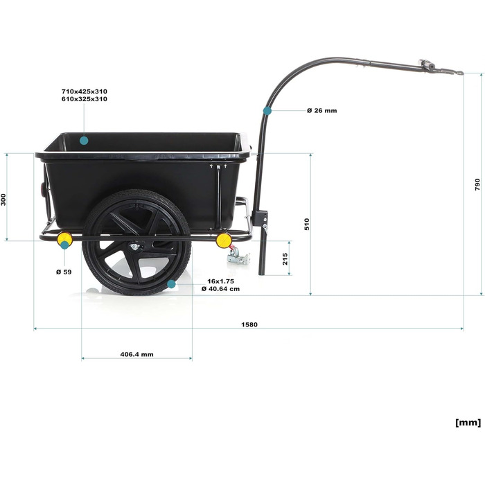 Причіп для велосипеда Wiltec, 158x69x51 см, вантажопідйомність 80 кг, об'єм 90 л, з кузовом, зчепленням та повітряними шинами