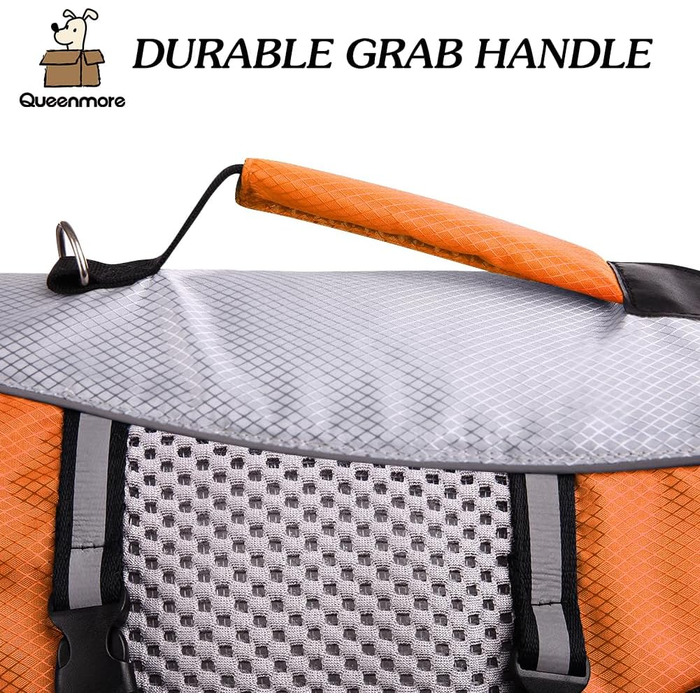 Жилет для плавання собак Queenmore, регульований, високопомітний, з рятувальним гачком, з кільцем для повідка (Помаранчевий, M)