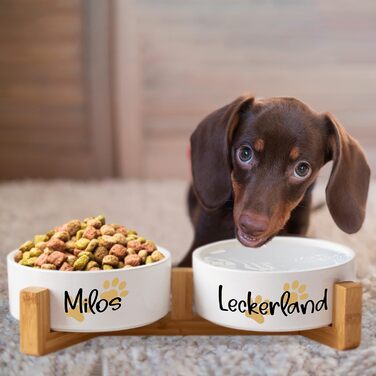 Керамічний подвійний набір мисок з іменем або текстом на замовлення для собак та котів 'Дві маленькі лапки' - персоналізований набір мисок з/без підставки | Миска для собак, годівниця, миска для котів | Годівниця (2x500мл, підставка)