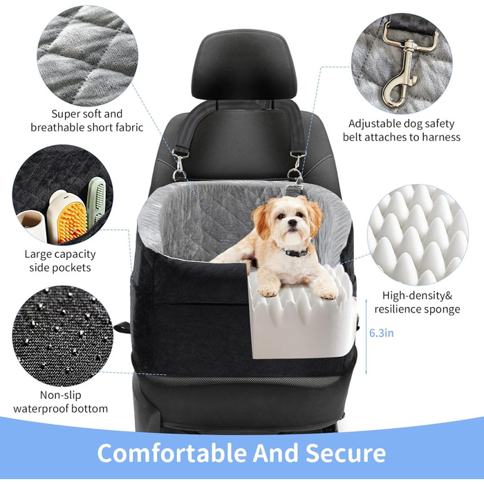 Автокрісло для собак - оновлена версія, Memory Foam, сірий колір, для малих та середніх собак до 15,9 кг, з безпечною шнуркою, знімне та миється