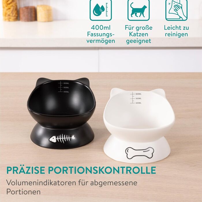 Набір мисок для котів Navaris: 2 миски по 400 мл з позначеннями об'єму, піднята годівниця, кераміка, стильний дизайн