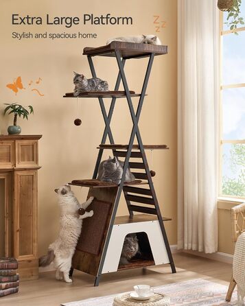 Котячий дім FourFurPets 184 см, багаторівневий дерев'яний котячий комплекс з когтеточкою та будиночками, сучасний котячий тур для дому, великий майданчик, коричневий рустикальний стиль