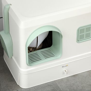 Туалет для котів PawHut з кришкою, шухлядою та дезодорантом, із совком, пластик ABS, для котів до 5 кг, зелено-білий, 50x40x40 см