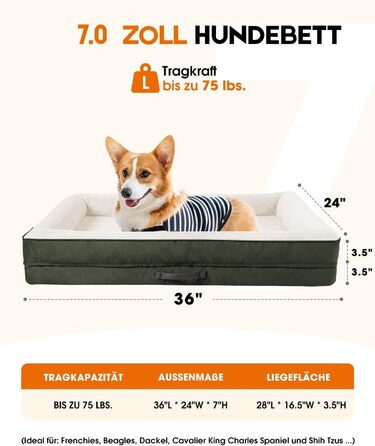 Ортопедичне ліжко для собак XL, корзина для собак, що стирається, з яєцевидною піною, вологостійкий диван для собак з неслизьким дном та чотиристоронньою подушкою (91x61x18 см, оливковий)