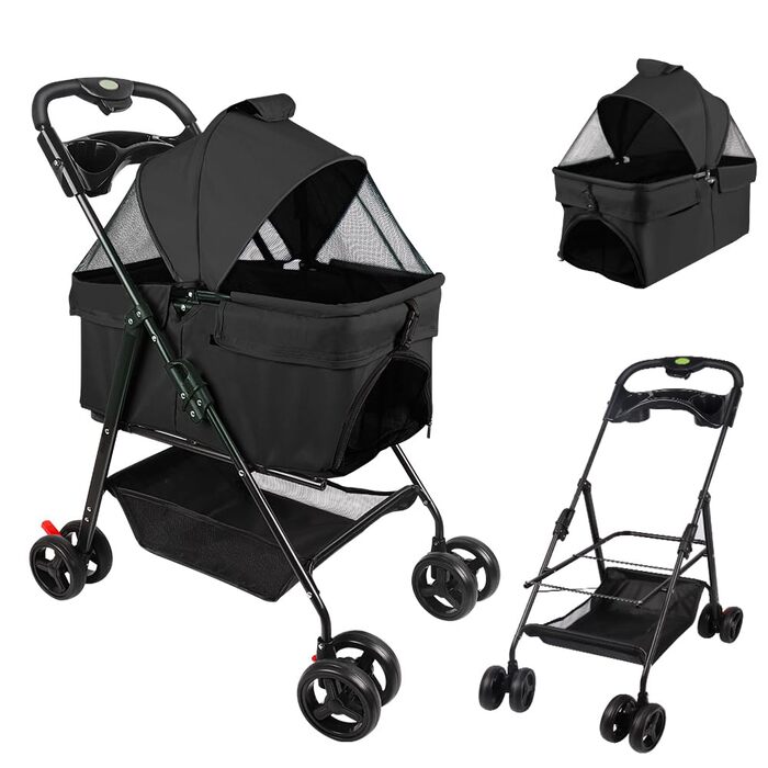Візок для домашніх тварин та дітей Homewell 2в1, розкладний, з кошиком для зберігання та тримачем для напоїв, для собак та котів, чорний