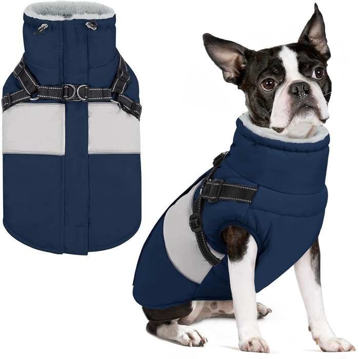 Тепла зимова куртка для собак SUNFURA з інтегрованим шлейкою, водонепроникний флісовий костюм для Французького бульдога (Small, Marineblau)