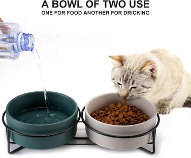 Набір мисок для котів PETTOM з підставкою (2 шт.), кераміка, захист шиї, зелений + сірий