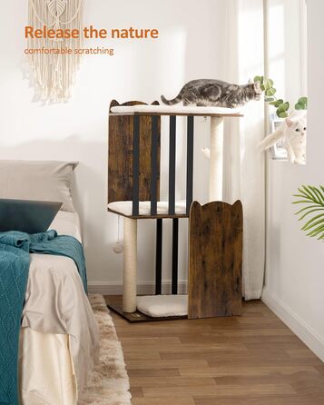 Сучасний котячий комплекс FourFurPets, 111 см, 3 рівні, 2 стовпи з сизалю, 3 великі платформи, вінтажно-коричневий