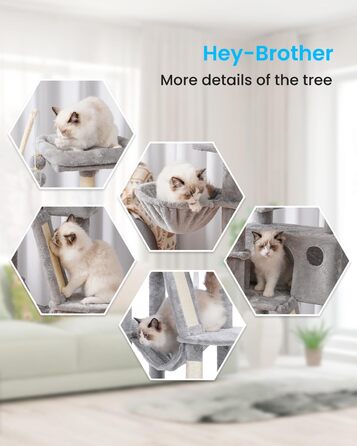 Котячий комплекс Hey-brother 134,6 см для дому, котячий будинок з м'яким лежаком, іграшковими м'ячами, великою затишною будкою, гамаками та сизалевими стовпами, світло-сірий MPJ019-SW